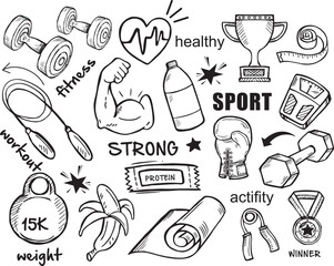 Fitness and Sport Doodle Collection Weights, Heart, and Active Lifestyle Icons