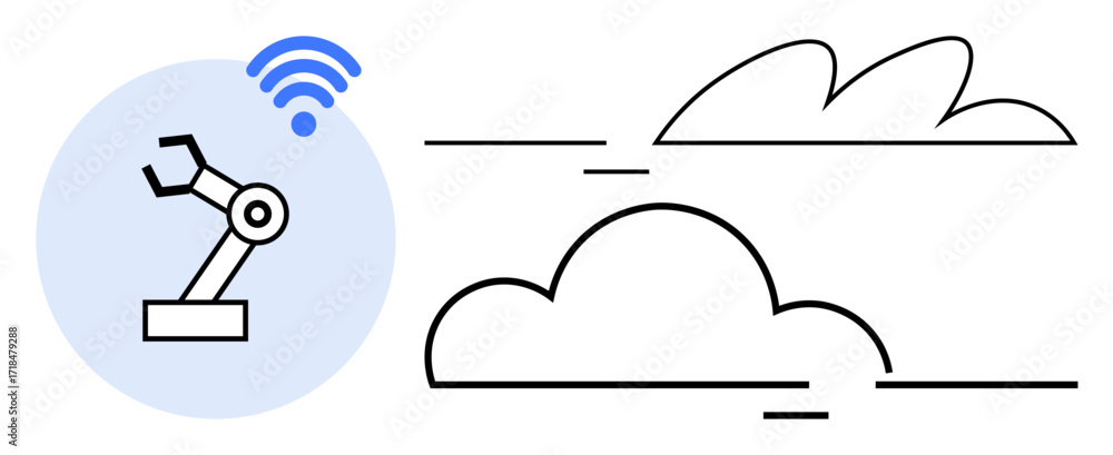 Poster robotic arm emitting wireless signal, connected to abstract clouds. ideal for automation, iot, cloud