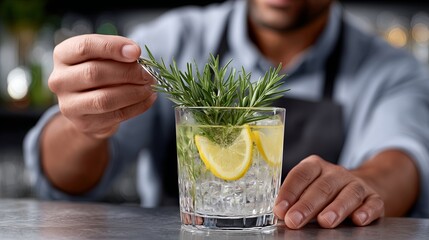 Mixing a fresh cocktail with herbs and citrus at a stylish bar