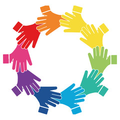 Colorful hands in a circle representing teamwork and unity.