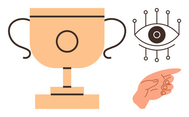 Fototapeta premium Trophy representing success, eye with circuits for vision and technology, hand pointing guidance. Ideal for leadership, innovation, recognition, focus, future goals, teamwork minimal flat metaphor