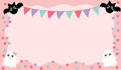 Pastel Cute Halloween Background with Adorable Elements. Soft pastel landscape background decorated with cute Halloween characters and elements, suitable for children’s themes, invitations.