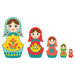 Colorful Russian nesting dolls arranged in a row, artistic design.