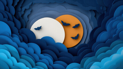 A whimsical paper art scene featuring a white and orange moon amidst layered blue clouds, with bats...