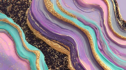Abstract Paint Swirls With Pastel Colors And Gold Glitter