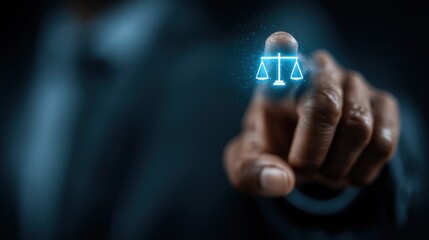 A person's hand pointing to the scales of justice with a blue glow effect
