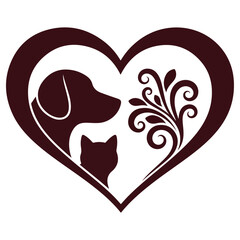 Heart shaped design with dog, cat, and floral elements.