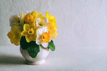 A bouquet of daffodils in a white vase.