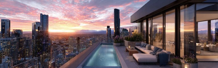 Obraz premium Panoramic Rooftop Pool With City Sunset View