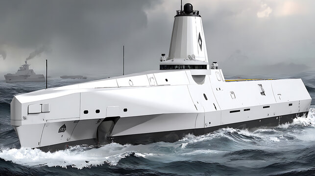 Modern stealth warship navigating rough seas with angular design and advanced radar system