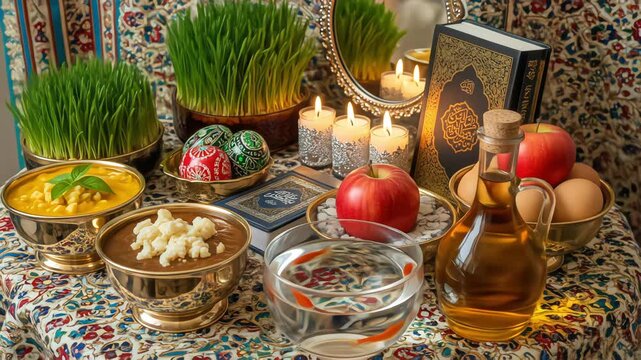 A traditional Haft-seen table set for the Nowruz celebration, with symbolic items like sprouts, goldfish, painted eggs, and a holy book