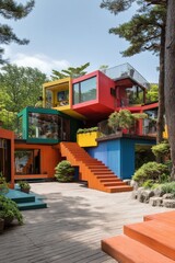 A vibrant, colorful building complex with geometric shapes, featuring multiple levels, balconies, and a large outdoor courtyard.