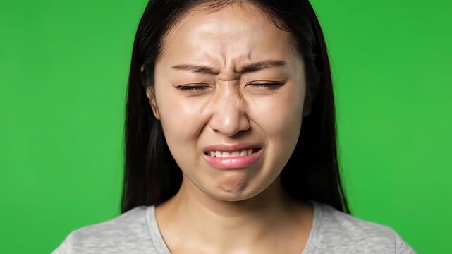 Emotional Rollercoaster: Asian Woman Shows a Variety of Disgusted and Unhappy Facial Expressions on Green Screen Backdrop