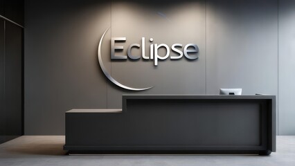 Modern reception desk with company logo and signage