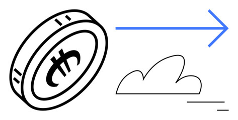Digital coin with financial symbol, arrow indicating movement, minimalistic cloud. Ideal for fintech, blockchain, cryptocurrency, transaction speed, innovation, digital economy simple landing page