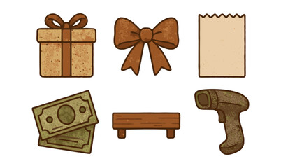 Rustic shopping icons: gift, bow, bag, money, checkout, scanner