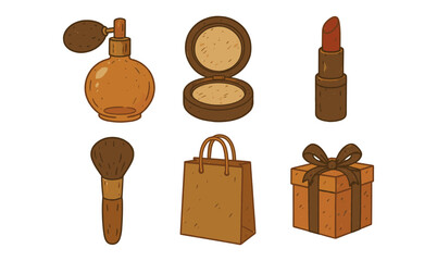 Vintage cosmetic and gift items in textured cartoon style
