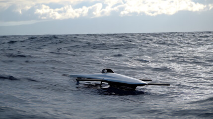 Autonomous underwater vehicle floating on the ocean surface under cloudy sky
