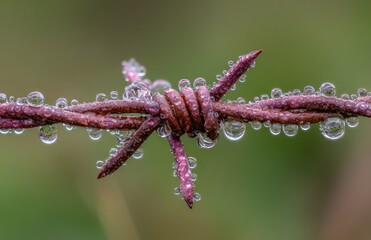 Fototapeta premium Close-up of a rusty barbed wire fence covered in glistening water droplets, showcasing intricate details and a soft, muted background.