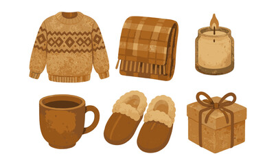 Cozy autumn essentials: sweater, candle, slippers, mug, blanket, and gift