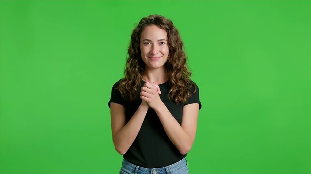 Young woman demonstrates gestures on green screen for easy visual compositing and interactive storytelling, perfect for content creators and