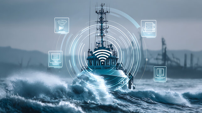 A modern vessel navigating rough seas with digital connectivity icons illustrating advanced maritime technology and communication systems.