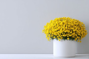 Yellow flowers in a white pot against a gray wall.