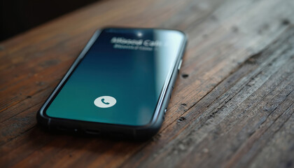 Smartphone screen displays missed call notification on wooden table. Digital communication interface, attention seeking alert. Close-up phone view signifies missed connection, need for response,