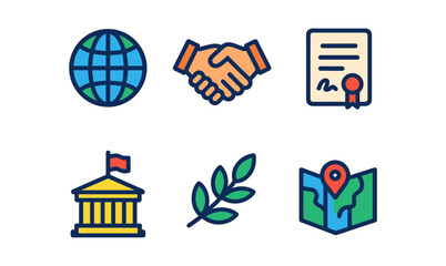 Obraz premium Diplomacy icons set featuring globe, handshake, document, building, olive branch, and map for international relations design