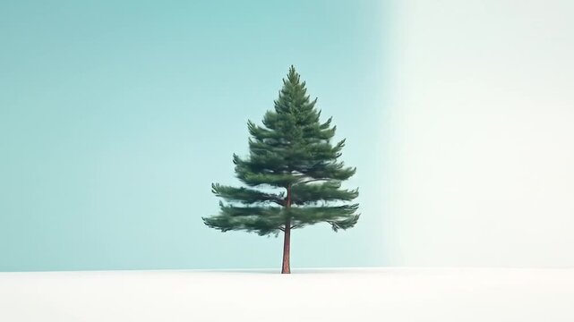 Single Pine Tree on Clean White Surface Against Light Blue Background Sparse Lighting Nature Concept Minimalist Composition for Adobe Stock