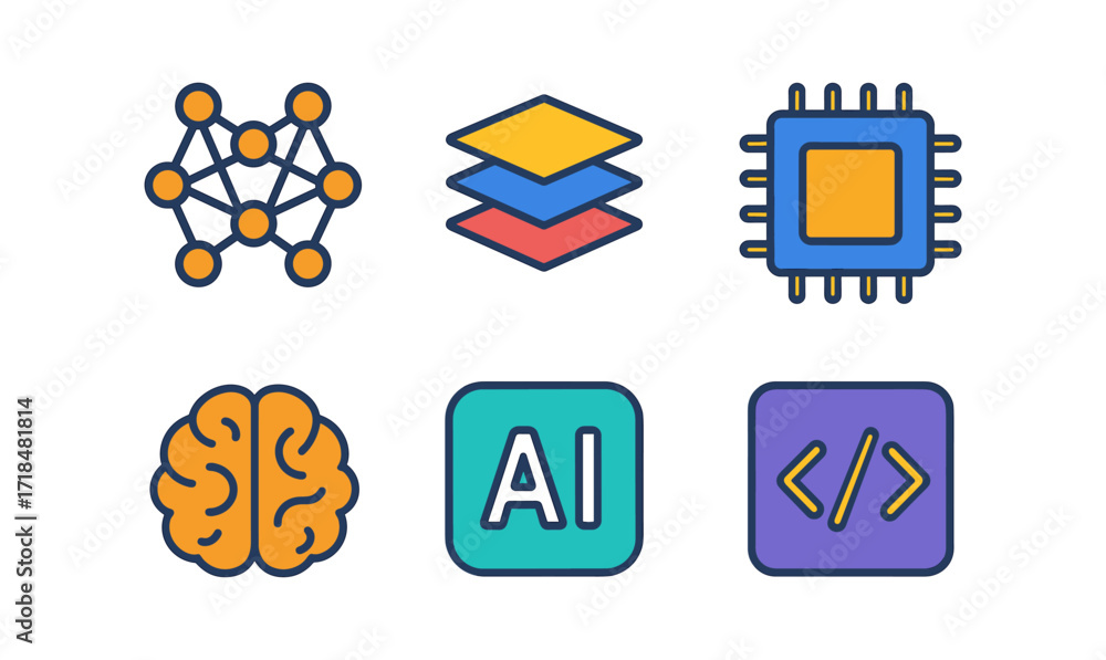 Poster ai and technology icon set featuring network, layers, microchip, brain, ai, and code for design and 