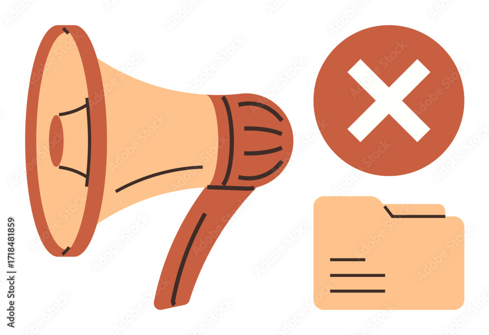 Poster megaphone emitting alert with cross icon and folder symbolizes error, message rejection, or misplace