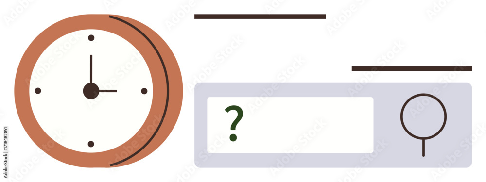 Poster clock with time indication next to a search bar featuring a question mark and magnifying glass. idea