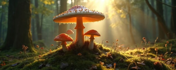 Sunlit forest floor features a whimsical mushroom ring. Magical sunbeams illuminate red capped toadstools in mossy ground and dry grass, inviting exploration into enchanted realms.