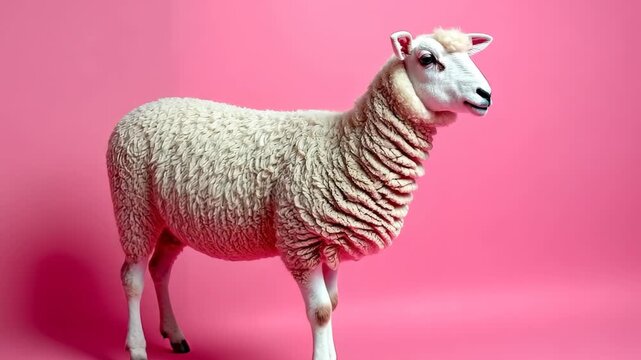 Sheep on Pink: a detailed capture of a Sheep in a studio, standing on a pink backdrop, highlighting the animal's wooly texture and calm demeanor.