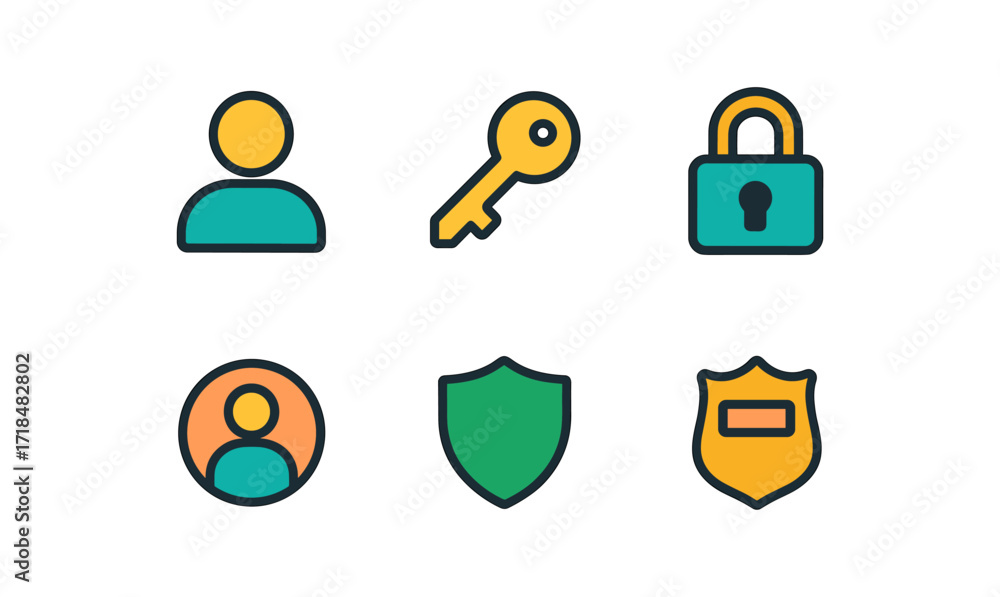 Poster identity security icons grid featuring user key lock shield simple design for digital privacy and pr