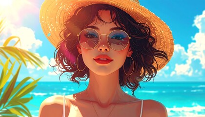 Woman in straw hat by the ocean