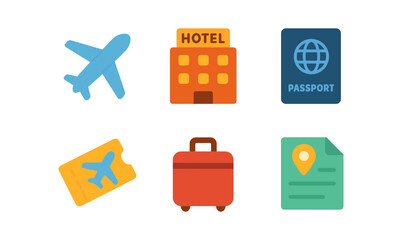 Travel essentials icons set featuring airplane ticket, suitcase, passport, hotel, and map for journey planning and preparation