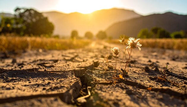 Dried cracked earth with wildflowers - Powered by Adobe