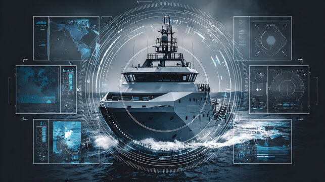 Modern naval vessel displayed with digital interface overlays and maritime data visualization