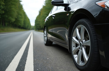 Black car parked on asphalt road lined with trees. Close-up of wheel and tire. Modern vehicle exterior, urban streetscape, clear daytime. Transportation, automotive design.