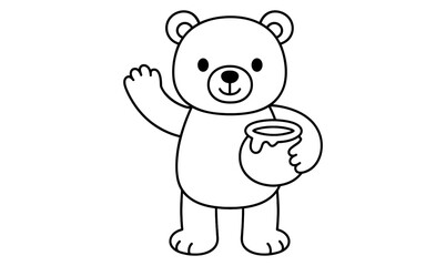 Fototapeta premium Cute bear holding honey jar in simple black and white outline style
