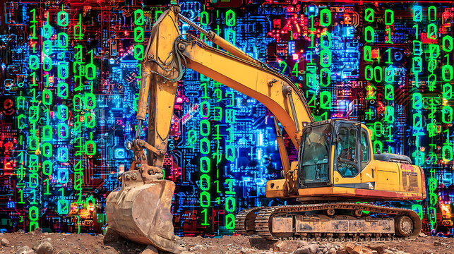 Yellow excavator on construction site with digital binary code background