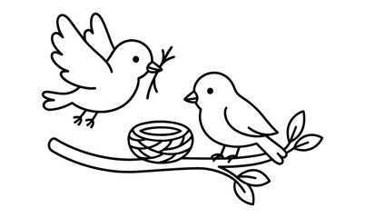 Fototapeta premium Birds building nest outline – charming linear bird scene for kids