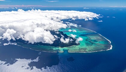 Aerial view of a tropical island surrounded by clouds and turquoise water
