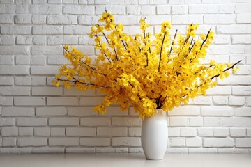 Decorative arrangement of bright yellow flowers in a white vase against a white brick wall.