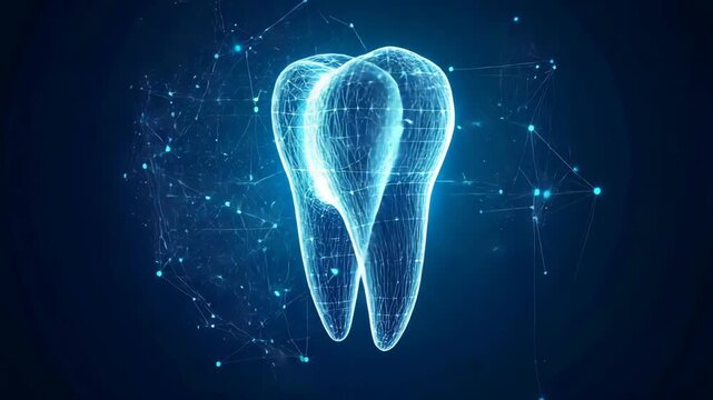 Dental wireframe concept animation with glowing connections in a digital blue abstract space