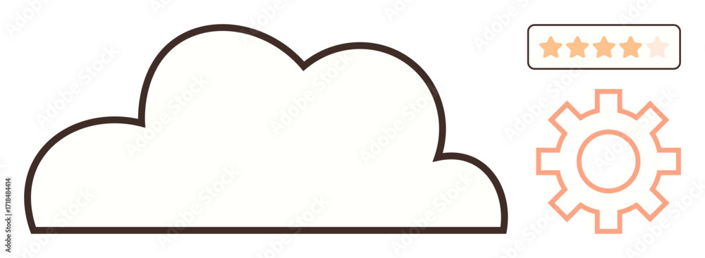 Poster cloud outline with orange gear icon and rating stars suggesting system performance, digital service 