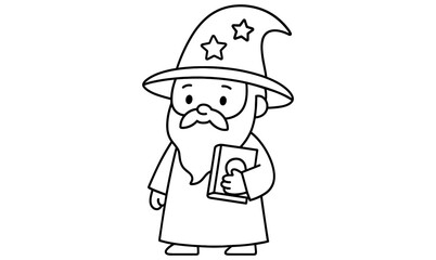 Cartoon wizard with book wearing starred hat in simple line art style