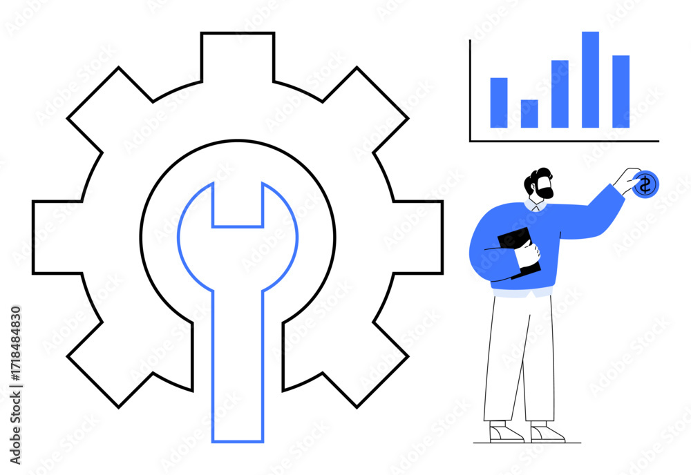 Poster technician with clipboard holding a tool inside a gear shape, next to data graph. ideal for engineer
